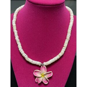 Puka Shell Necklace Fimo Plumeria Flower 8” Hawaiian Hawaii Pink Islander Beach